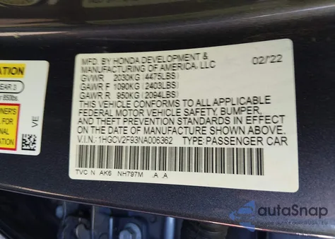 2022 Honda Accord Touring z USA, uszkodzony, nr VIN 1HGCV2F93NA006362